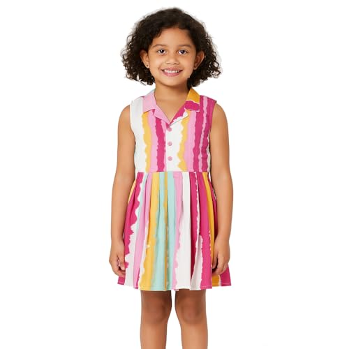 Image of Girls Printed Knee Length Fit and Flare Sleeveless Collar Dress