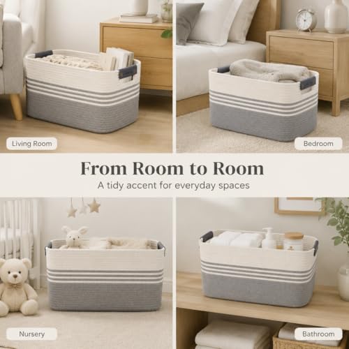 Image of Cotton Rope Laundry Basket Extra Large, 22.8GAL Collapsible Woven Storage Baskets for Living Room Kids Toys Stuffed Animal,Boho Rectangular Decorative Hamper for Dirty Clothes, Blankets White Grey