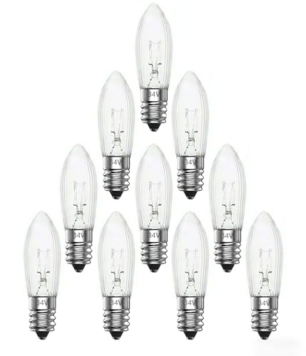 KINGYEENUO E10 Candle Light Bulbs 3W 34V Candle Arch Bridge Bulb Replacement Christmas Lamp Warm White 2200K, E10 Tapered Bulb for Bridge Arch Fairy Lights Candlestick, 10 Pack