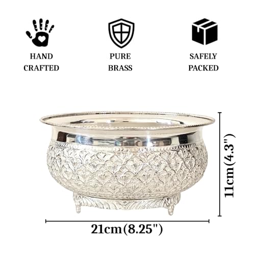 Image of Decorative Brass Chitai 8 inches German Silver Urli Center Table Flower Bowl | Urali for Mandap, Haldi, Mehendi, Wedding, Reception Decor | Large Size 1500ml