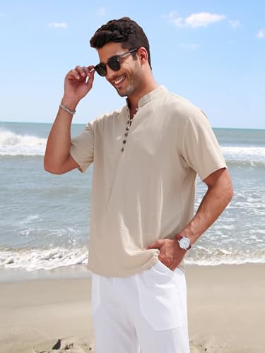 NIBESSER Camisa Lino Hombre Manga Corta Camisa Verano Hombre de Moda Camisa Slim Fit Hombre Casual con Botónes Henley Shirt Transpirable Color Sólido para Vacaciones Mar Playa, Caqui, L