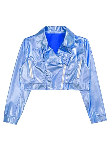 Aislor Kids Girls Shiny Metallic Long Sleeve Biker Motorcycle Jacket Hip Hop Jazz Street Disco Dance Coat Outerwear3