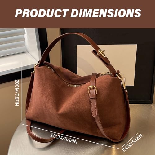 Suede Purse, Suede Bag 11 x 5 x 8 Slouchy Zipper Suede Tote Bag Dark Brown Suede Handbag with Adjustable Strap Lightweight Crossbody Shoulder Bag for Women Girls, Suede Tote Bag2