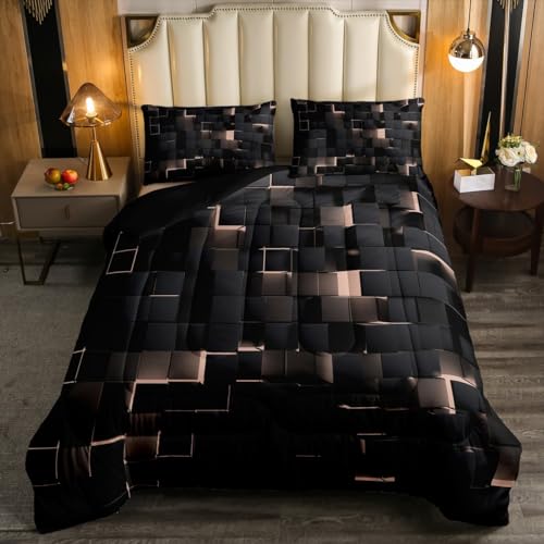 Image of Erosebridal Black and Pink Bedding Set Queen Neon Geometric Checkered Comforter Set for Kids Girls Teen,Tereoscopic Grids Comforter Square Plaid Quilt Duvet Room Decor 3 Pcs