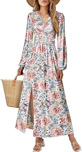 BLENCOT Long Sleeve V Neck Floral Maxi Dress for Women Casual Flowy Slit Ruched High Waist Cocktail Fall Dresses