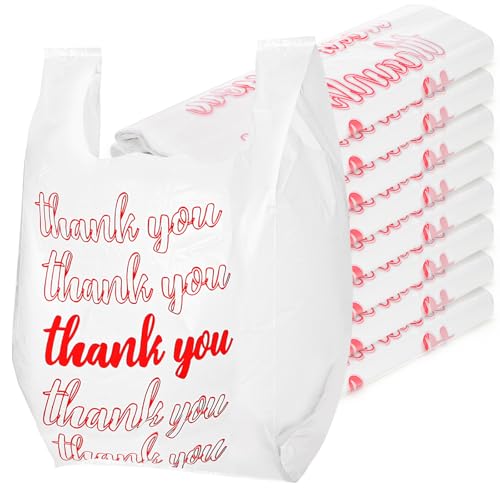 Lawei 500 Count Thank You Bags Reusable Grocery Bag - 13 x 7 x 21 Inch Plastic T-Shirt Bags for Shopping, Restaurants, Catering (15mic, 0.6 Mil), Bulk Carryout Shopping Bags