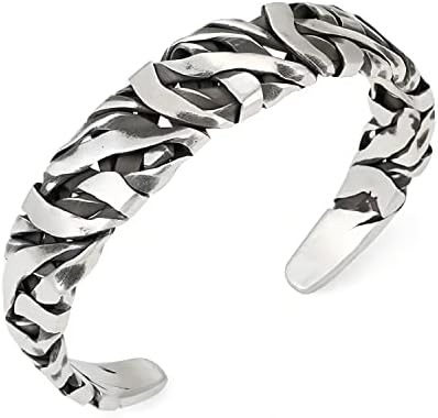 Innocence S999 Antique Silver Plated Wide Cuff Bracelet For Men Women Adjustable Opening Retro Twisted Braided Bracelets Gift Jewelry (Wide Braid)