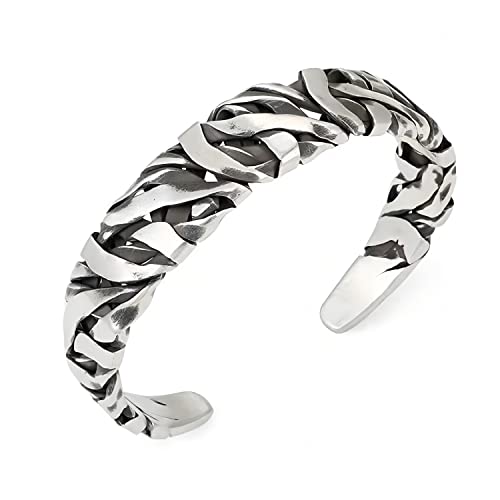 Innocence S999 Antique Silver Plated Wide Cuff Bracelet For Men Women Adjustable Opening Retro Twisted Braided Bracelets Gift Jewelry (Wide Braid) #TOP2