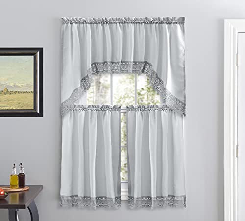 American Linen 3-Piece Kitchen Café Curtains with Embroidered Lace (Gray) by American Linen - Used condition - US$17.99
