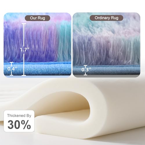 Rainbow Round Rug for Bedroom, 4Ft Fluffy Circle Area Rugs for Living Room, Shag Fuzzy Carpet for Kids Room, Nursery, Dorm, Classroom, Teen, Cute Baby Play Mat Home Decor Aesthetic, Blue
