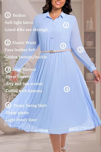 Image of Business Casual Shirt Dress for Women Long Sleeves Pleated Midi Dresses with Belt