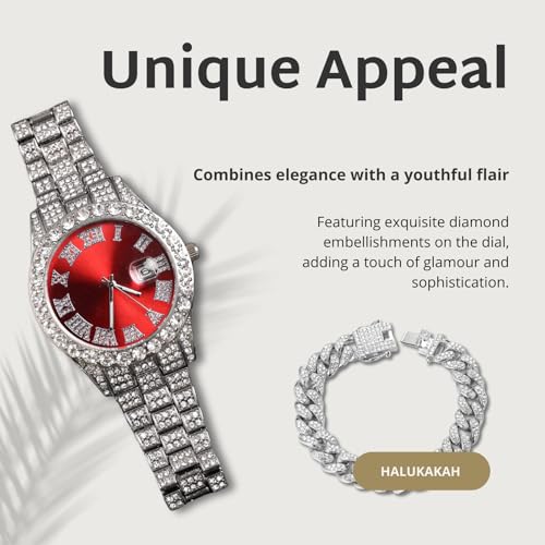 Image of Halukakah Diamonds Gold Watch Iced Out for Boy Teens Kids - 18K Real Gold /Platinum Plated,42mm Blue /Green /Red Dial,Japanese Quartz - 8 inch Length - Optional with Cuban Link Chain,with Watch Adjuster Tool