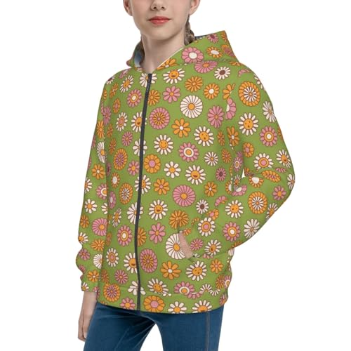 Nostalgic 70s Groovy Print Kids Pullover Hoodies Boys Zip Up Sweatshirts Girls Athletic Clothes with Pocket