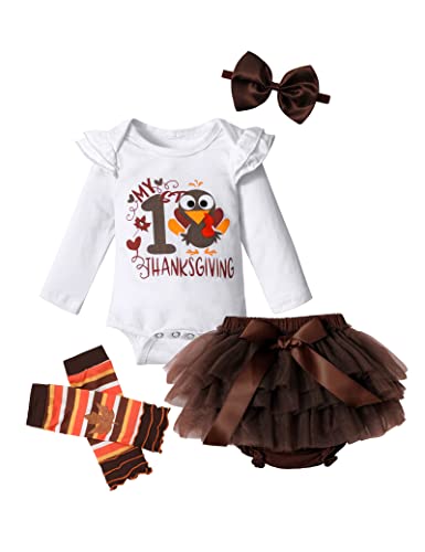 Image of DONWEN Baby Girl Thanksgiving Outfit My 1st Thanksgiving Turkey Romper + Tutu Skirts + Leggings 4pcs Outfits Set