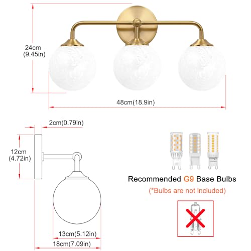 Image of Modern Brushed Gold 3-Lights Vanity Light Fixtures with Carved White Glass Ball Shades, Mid Century Brass Wall Sconce Lighting Fixtures over Mirror, Wall Sconces for Bathroom Dressing Table Bedroom