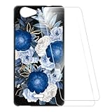 ESCAMOT Bedruckte Hülle + 2 Glas Schutzfolie Kompatibel mit Wiko Pulp 3G, Stoßfeste Weiche Cover & HD Klare Tempered Glass Folie (Blaue Blumen)