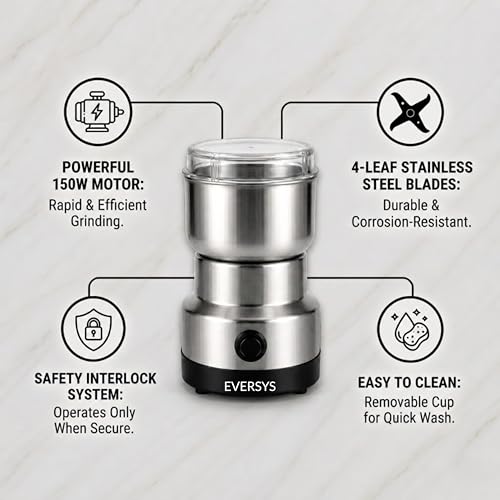 Image of andrew james Spice Grinder Electric 150W | Mini Mixer Grinder Small Size for Coffee Beans, Masala & Dry Grinding | EVERSYS Portable Mini Grinders Machine for Kitchen with Approx. 100g Capacity