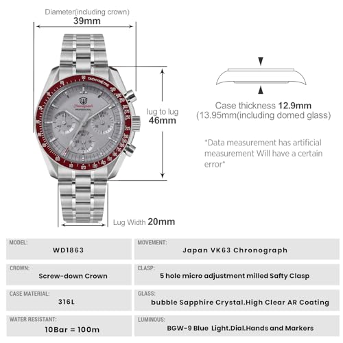 Image of watchdives WD1863 Men Chronograph Watch Japan VK63 Quartz Sports Watches 40mm Bubble Sapphire Crystal Wristwatch 100M Dive Watch