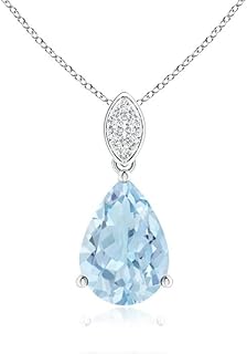 Angara Natural Pear-Shaped Aquamarine Pendant/Necklace with Leaf Bale in 14K Solid Gold/Platinum for Women | March Birthst...
