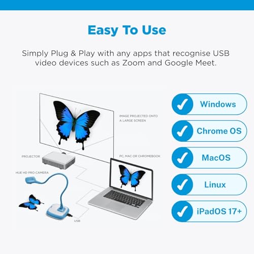 HUE HD Pro Flexible USB 11x17 Document Camera and Classroom Visualizer for Teachers: Built-in Microphone/Lights, Windows, macOS, Chromebook Compatibility (Blue Camera with White Carry Case) - Image 6