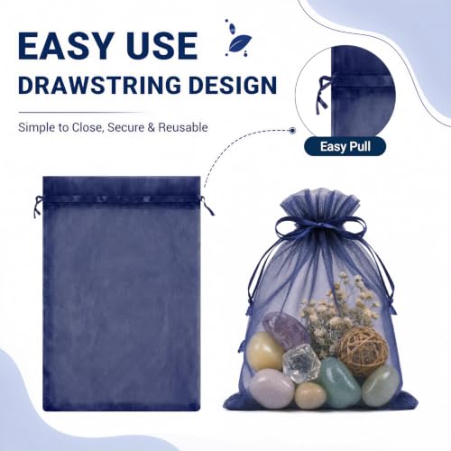Image of FUNFERY 100PCS Navy Blue Sheer Organza Bags for Candy 3 inchx4 inch | Little Mesh Gift Bags with Drawstring, Small Jewelry Bags Party Favors, Mini Drawstring Pouch for Wedding Favors, Holidays