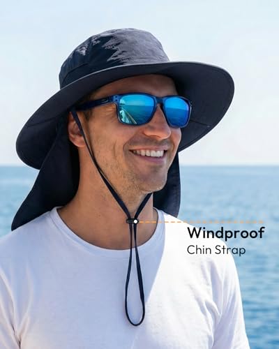 Image of Sun Hats for Men Wide Brim Bucket Hat with Neck Flap for Fishing & Hiking Mens Sun Hat for UV Protection