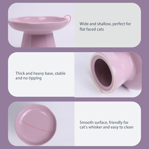 Image of Wide Shallow 6.1 inch Raised Cat Bowls, Ceramic Elevated Food Plate for Flat Faced Cats and Small Dogs, Porcelain Feeder Bowl, Stress Free, Protect Cat's Spine, Lavender
