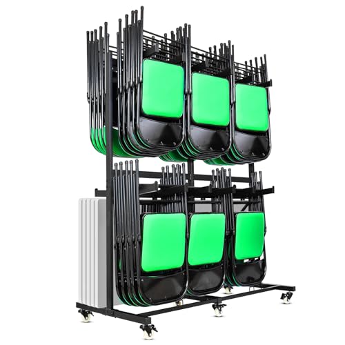 Image of Folding Chair Cart Storage Rack Thickened Two Tier Heavy Duty Folding Table Chair Racks for Storage with Locking Rubber Wheels can Withstand 800LBS Capacity
