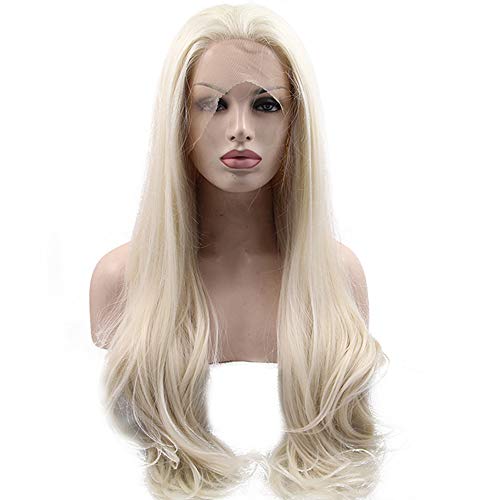 BESTUNG Platinum Blonde Long Natural Wavy Lace front Wigs Heat Resistant Synthetic Hair Wig for Women (24 Inches, Platinum Blonde)