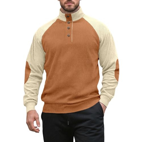 Mens Corduroy Sweatshirts Long Sleeve Quater Button Up Stand Collar Pullover Casual Color Block Fall Polo Sweaters