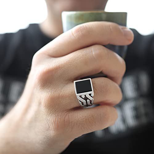 Chimoda Sterling Silver Rings For Men With Black Onyx Stone, Handmade Mens Jewelry Ring, Cuban Link Chain Motif Men's Rings, Rings Silver (43Onx13) #TOP7