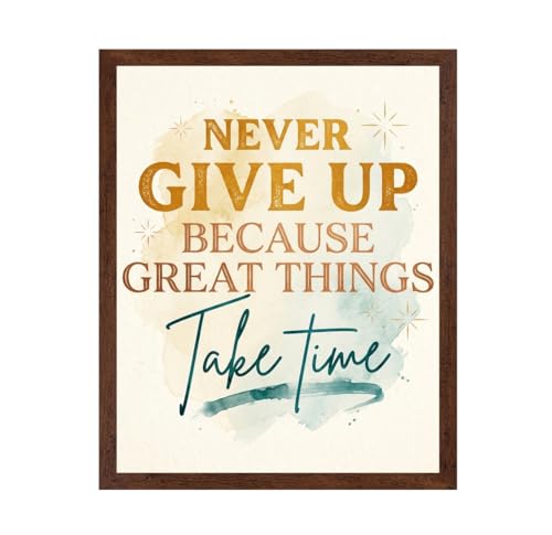 ALPINE INK CO. Never Give Up Poster with Frame - Motivational Quote Artwork - Bold and Script Typography with Watercolor Design -Home Office Bedroom Wall Decor - 16x20 Brown Framed Print
