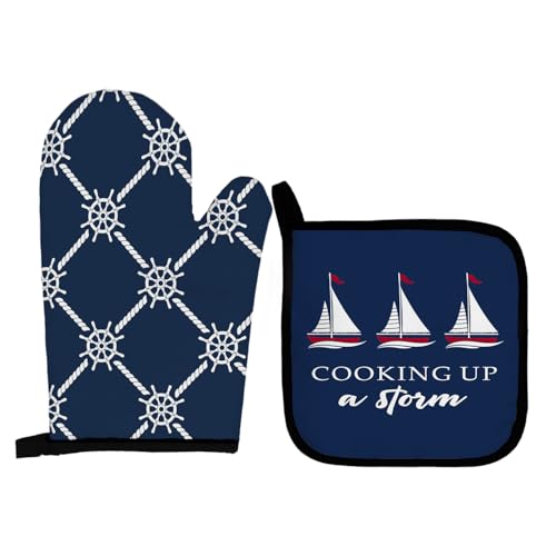 Qeheb Navy Blue Nautical Boat Oven Mitts and Pot Holders Sets, Lake Beach House Gifts Oven Mitts, Cooking Up a Storm Navy Blue Over Mittens for Kitchen Decor, Nautical Over Gloves Gifts