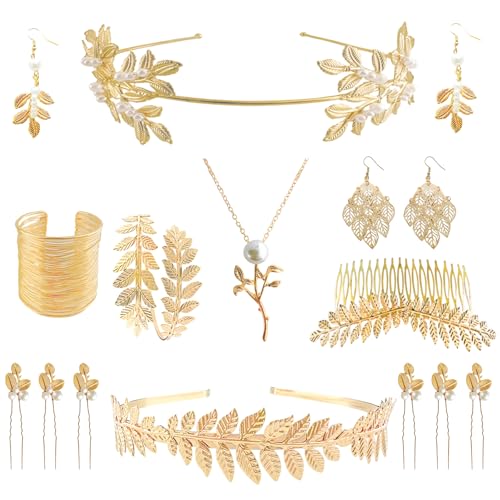 16 Pcs Greek Goddess Accessories Jewelry Golden Leaves Crown Headband Necklace Pearl Earrings Coil Bracelet Hair Comb Golden Laurel Leaf Crown Accessories for Women Ladies Bridal Wedding Halloween
