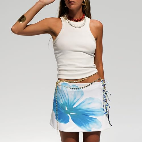 ​Womens Floral Printed Mini Skirt Side Split Tie-Up Low Rise Summer Vacation Outfits Y2K Beach Pencil Bodycon Skirts3