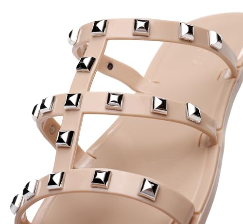 Image of Women Flats Sandals, Studded Jelly Shoes Size 9 Red Dressy Summer Beach Rivets Strappy Jellies Slide Slip On Open Toes