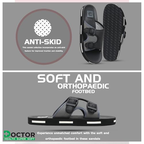 Image of DOCTOR HEALTH SUPER SOFT Men Comfortable Double Strap Slippers with Adjustable Buckles, Cushioned Footbed and Anti Slip Sole, Casual Everyday Wear Sliders for Indoor and Outdoor Use