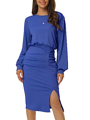 Seta T Vestido Midi Ajustado de Punto Acanalado con Manga Farol y Abertura Lateral Fruncida para Mujer Azul S