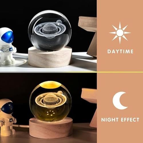 3D Crystal Moon Lamp – Engraved Crystal Ball LED Night Light with Wooden Base, USB Powered, Warm Ambient Lighting for Home, Office, Kids Room, Gift for Space Lovers (Saturn) - Image 4
