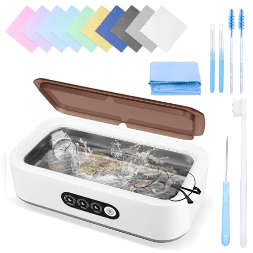 XANGNIER Jewelry Cleaning Kit-Ultrasonic Cleaner Machine(49k Hz,3 Modes),Gap Cleaning Brush and Polishing Cleaning Cloth for All Jewelry,Ring,Gold,Diamond,Earring,Sterling Silver,Eyeglass,Dentures