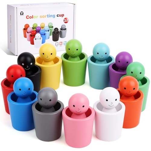 Gencokok 12PCS Color Sorting Cups, Wood Color Sorting Sensory Toy, Stacking Cups Toys for Ages 2-4, Preschool Learning Educational Montessori Sensory...