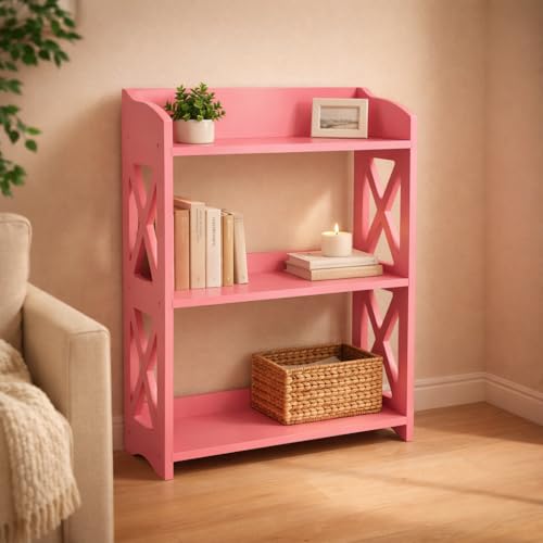 Image of Pink Bookcase by Natural Wood, 3 Tier Bookshelf, Small Book Shelves Freestanding Display Storage Shelves. Open Bookshelf for Bedroom, Living Room and Office (Pink, 3 Tier)