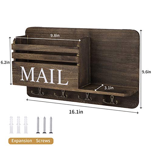 Firbon Mail Organizer with Key Holder, Wall Mount Rustic Wooden Mail Holder Sorter with 4 Double Key Hooks for Entryway, Living Room & Wall Decorative