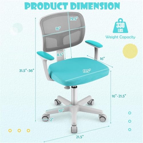 Image of Pemberly Row Kids Study Chair, Adjustable Height 31.5 inch-36 inch, Green, Ergonomic Design with Lumbar Support, Mesh Back, Auto Brake Casters, 360-Degree Swivel, Comfortable Seat for Children's Workspace