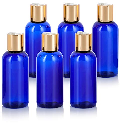 JUVITUS 4 oz / 120 ml Plastic PET Boston Round Bottle (BPA Free) with Gold Disc Cap (6 pack) (Cobalt Blue)