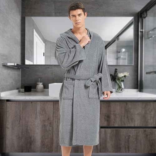 Image of Mens Robe with Hood-Classic Terry Cloth Bathrobe for Men,Soft Knee Length Bathrobes