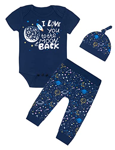 Image of Baby Boys 3PCS Outfit Set Space Ship to The Moon and Back Romper Long Pants with Hat