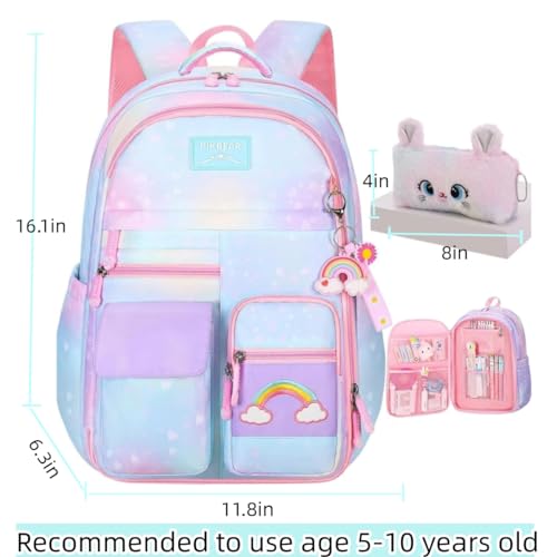 Image of Girls Backpack, School Backpacks Rainbow,Kawaii Kids Backpack,Book Bag for Elementary Primary School With Pen Bag