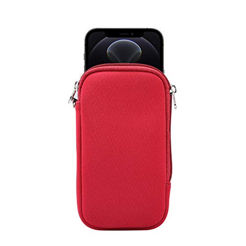 Neoprene Cell Phone Pouch Soft Elastic Shockproof Mobile Phone Case+Necklace Lanyard Crossbody Sleeve for iPhone 12 Pro Max XS, Samsung Galaxy Note 20 Ultra A51 A72 LG V50 V40 ThinQ (Red)