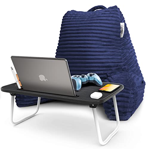 Image of Nestl Navy Blue Reading Pillow with Bed Desk for Laptop and Writing, Luxe Cut Plush Back Pillow for Sitting Up, Back and Arms Adjustable Support for Adult and Teens, Foldable Lap Desk for Bed 22x14 inch
